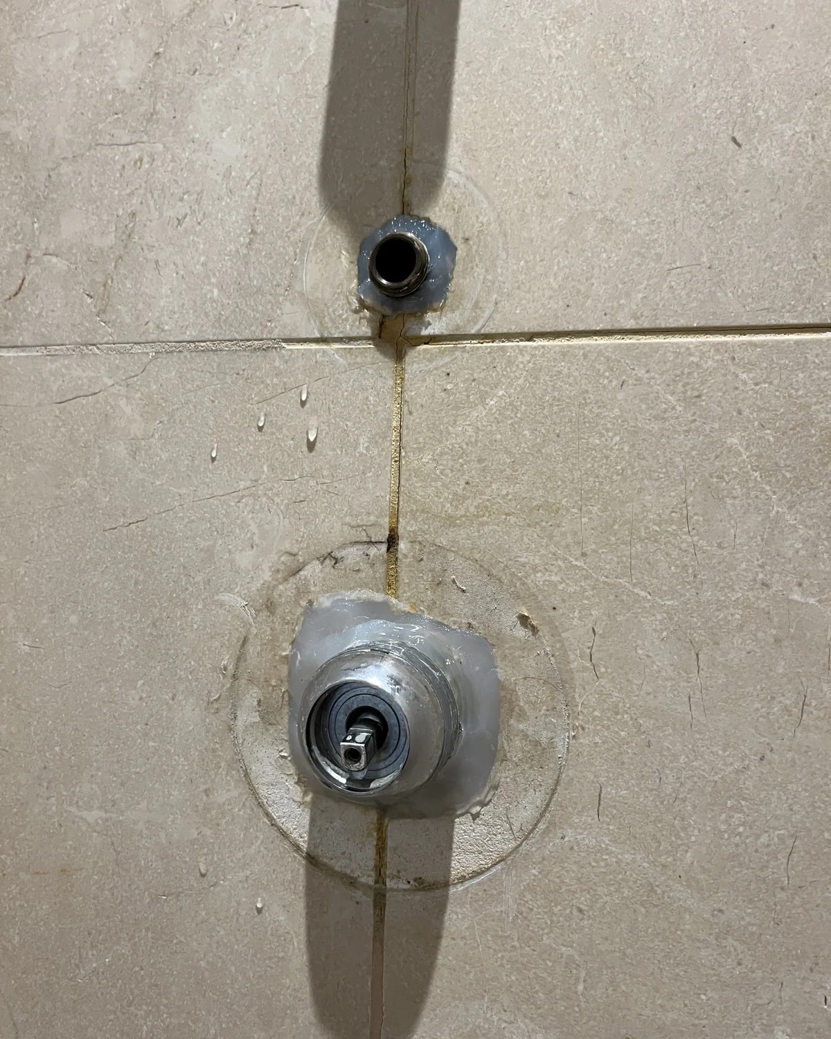 Accessible shower fittings inspected during a bathroom leak investigation